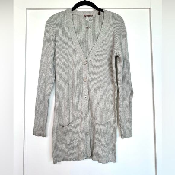 525 America Grey Longline Cotton Cashmere Blend Button Up Knit Cardigan Large - Picture 1 of 7